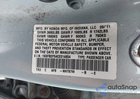 2012 Honda Civic Lx z USA, uszkodzony, nr VIN 19XFB2F54CE014854